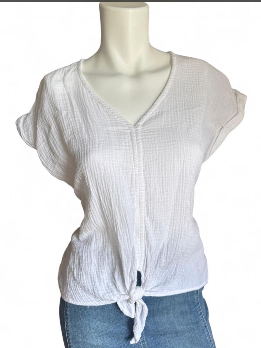 Olive + Oak White Gauze Cotton Tie Front Blouse Lightweight Cotton‎ Tee